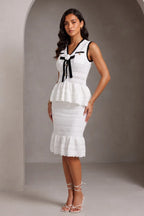 White Hollow Knit V-Neck Bow Peplum Vest Mermaid Skirt Two-Piece Set Flowering Girl