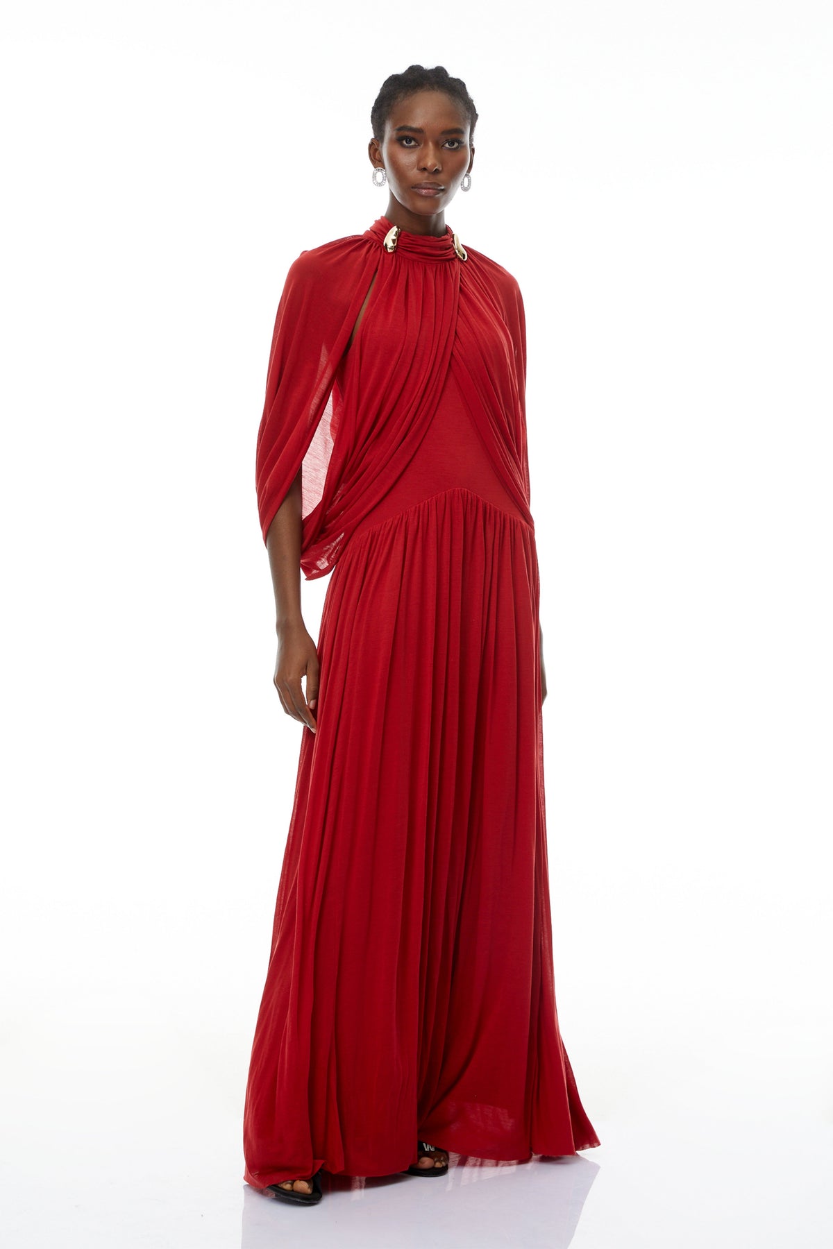 Leona Red Draped Cape Sleeve Knit Maxi Dress Flowering Girl