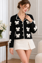 Black Medium-Weight Wool-Blend Knit Boxy, Straight Cardigan Flowering Girl