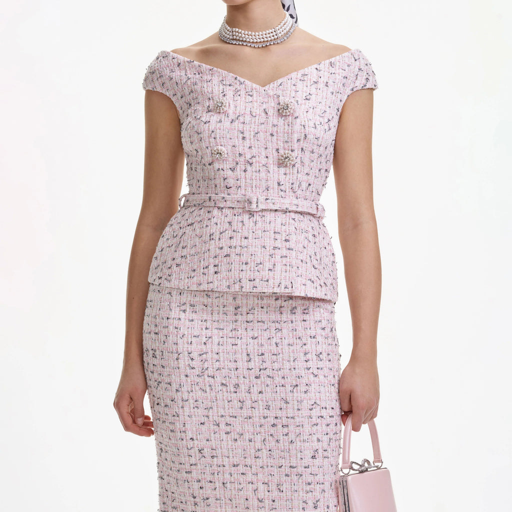 Pink Boucle Pearl Midi Dress Flowering Girl