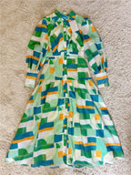 Green Color-Block Button Dress Flowering Girl