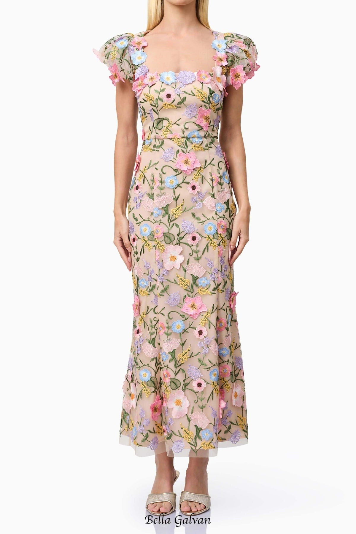 Nydia multicolor Square collar with 3D flower embroidery maxi dress Flowering Girl