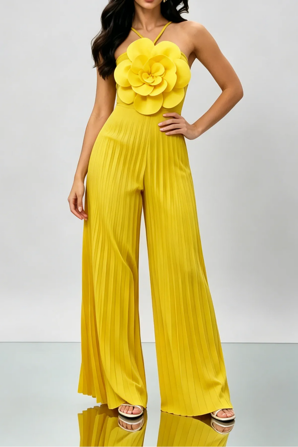 Bright Yellow 3D Floral Halter Pleated Wide Leg Jumpsuit Flowering Girl