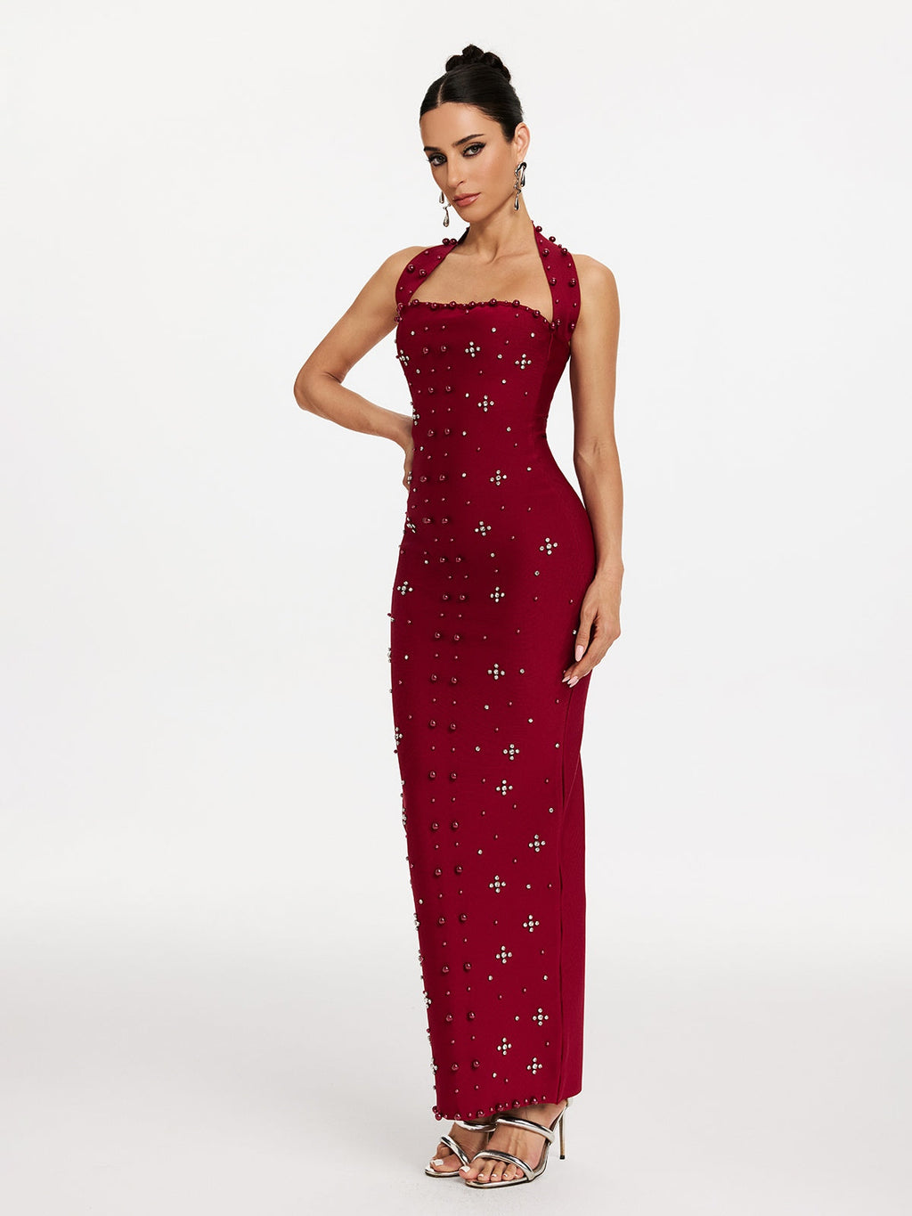 Elvira Halterneck Pearl Bandage Midi Dress In Red Flowering Girl
