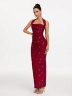 Elvira Halterneck Pearl Bandage Midi Dress In Red Flowering Girl