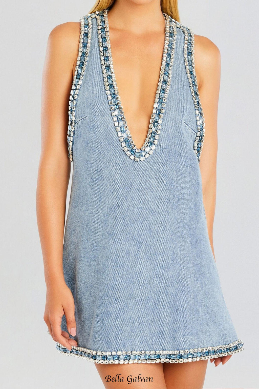 Stevie crystal Embellished Denim mini Dress in pale blue Flowering Girl
