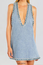 Stevie crystal Embellished Denim mini Dress in pale blue Flowering Girl