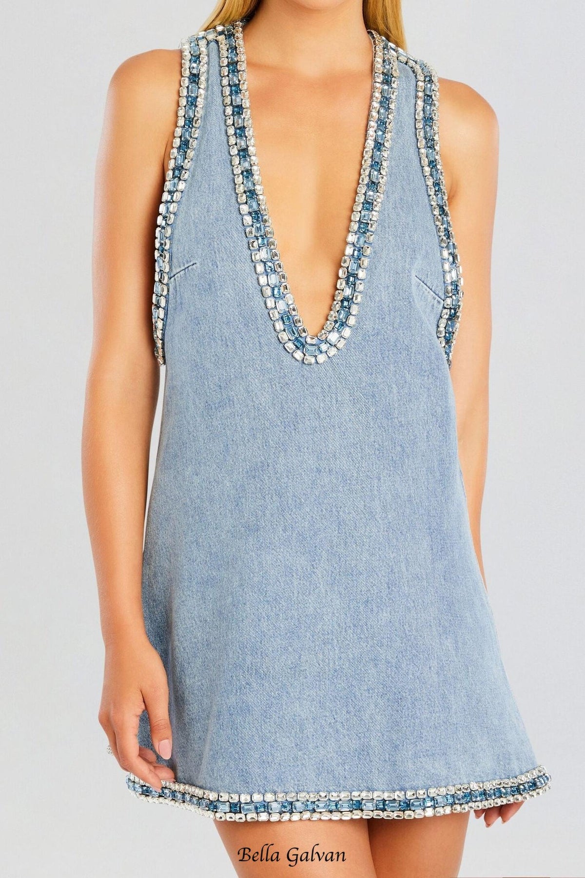 Stevie crystal Embellished Denim mini Dress in pale blue Flowering Girl