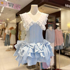 Nalaya Bow Stripe Puffy Mini Dress - Blue Flowering Girl