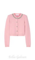 Rhinestone-embellishment padded-shoulders knitted cardigan in pink Flowering Girl