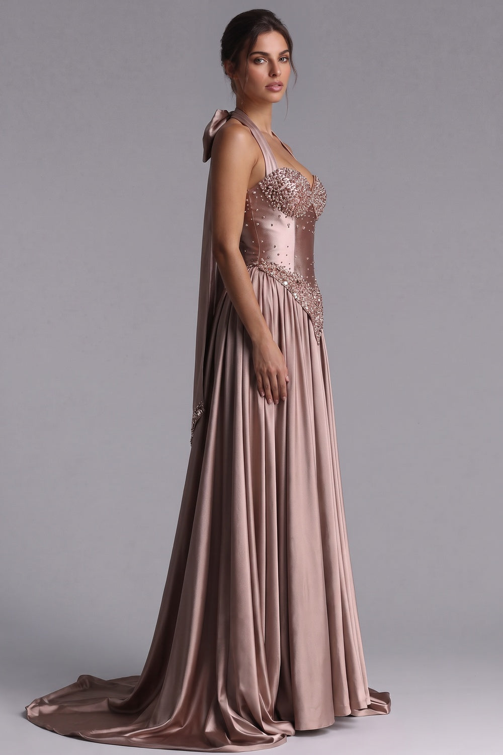 Rose Gold Satin A-Line Evening Gown Flowering Girl