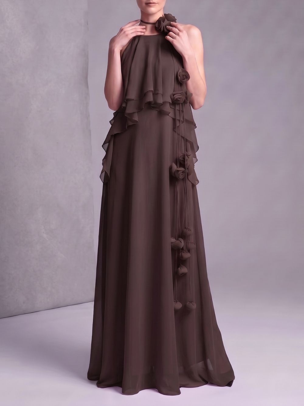 Myriam Coffee Halter Flower Maxi Dress