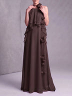 Myriam Coffee Halter Flower Maxi Dress