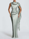 Sage Green Satin Asymmetrical Evening Gown with Draped Panel Flowering Girl