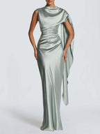Sage Green Satin Asymmetrical Evening Gown with Draped Panel Flowering Girl