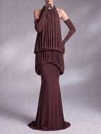 Myna Coffee Halter Pleated Maxi Dress With Gloves