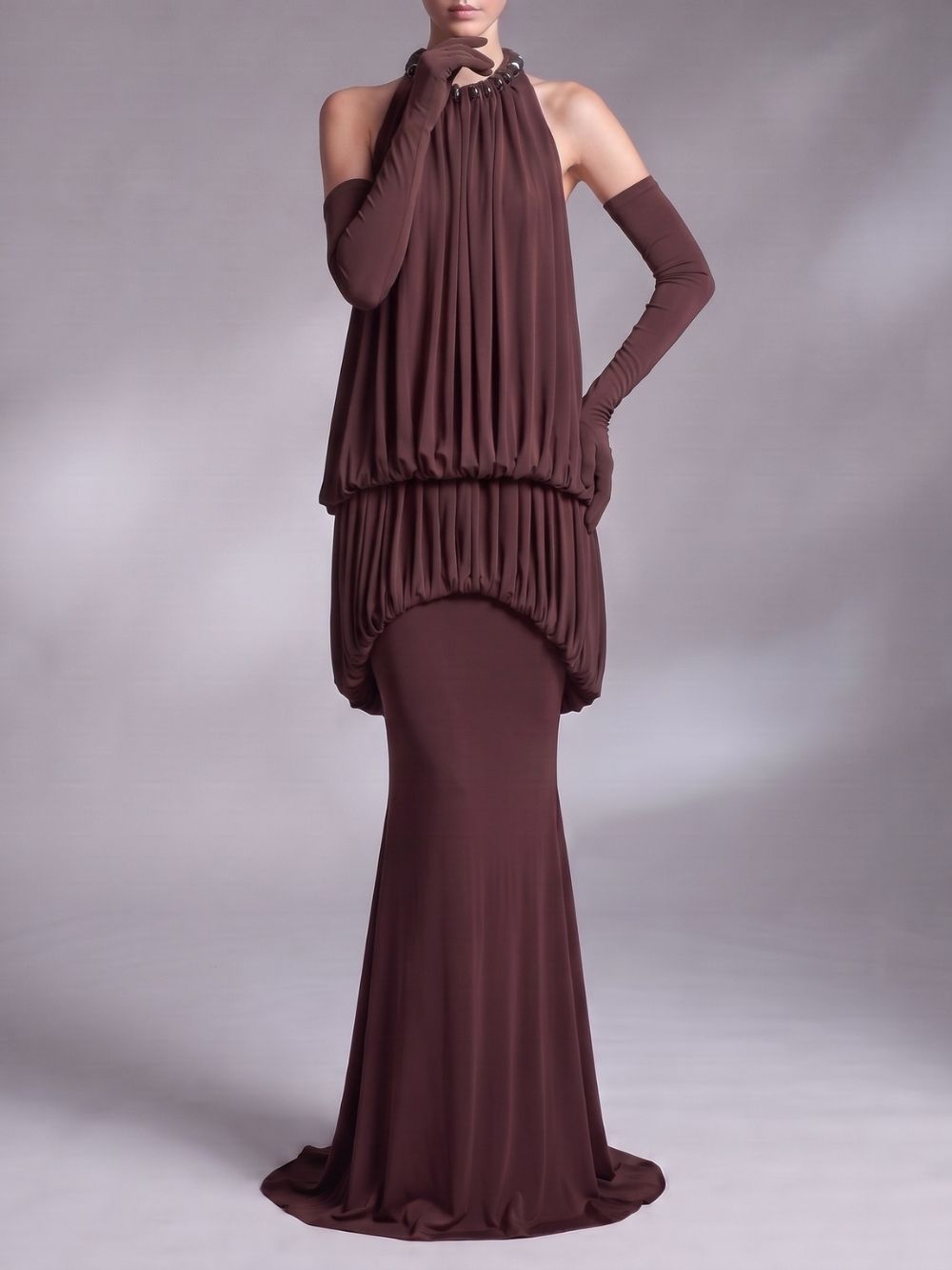Myna Coffee Halter Pleated Maxi Dress With Gloves