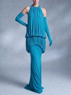 Myna Blue Halter Pleated Maxi Dress With Gloves