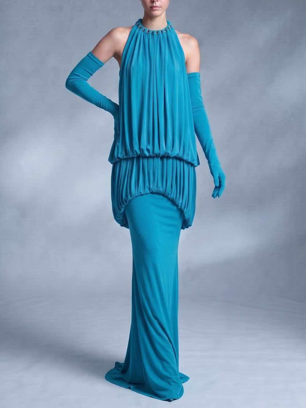 Myna Blue Halter Pleated Maxi Dress With Gloves