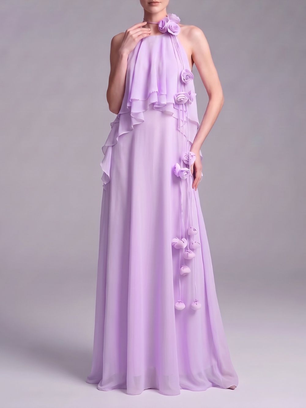 Myriam Purple Halter Flower Maxi Dress