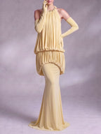 Myna Yellow Halter Pleated Maxi Dress With Gloves