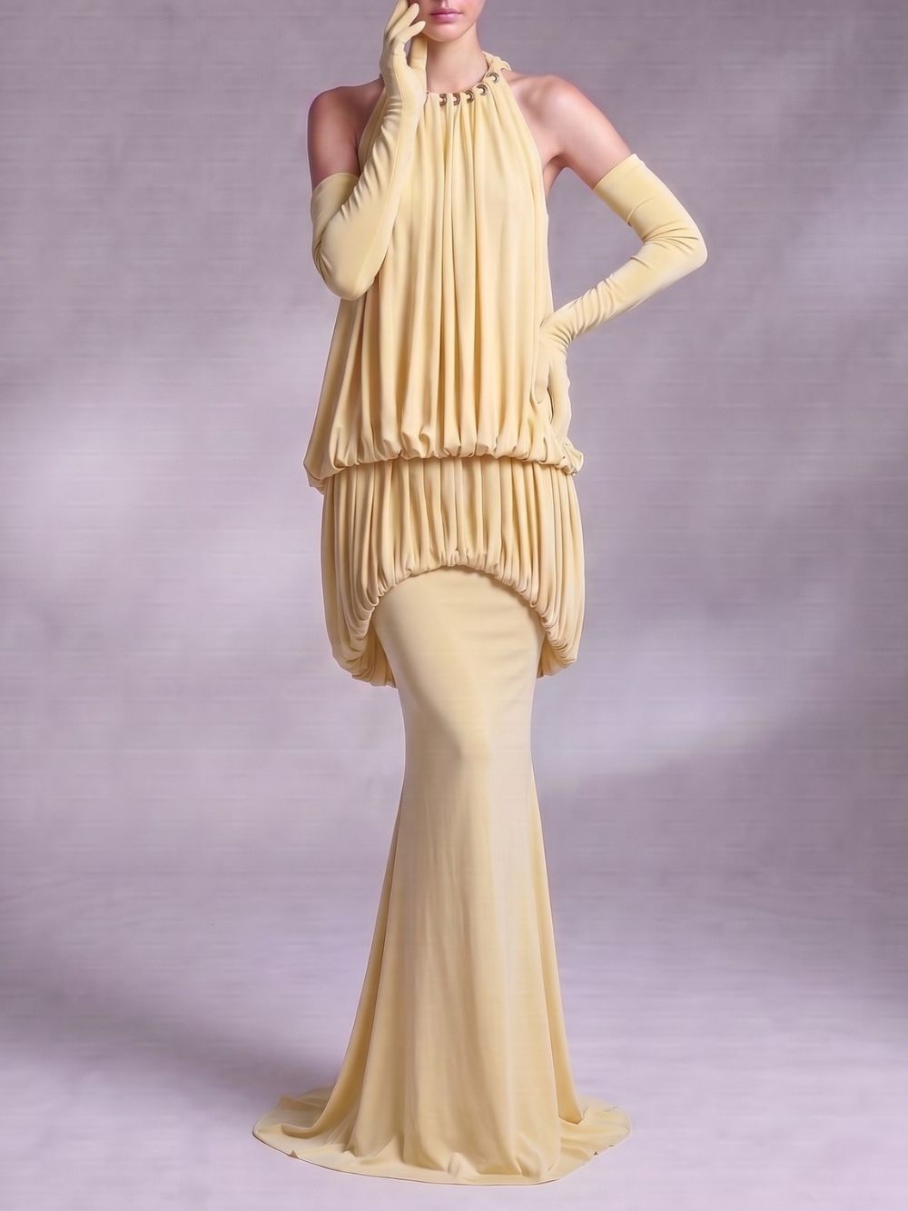 Myna Yellow Halter Pleated Maxi Dress With Gloves