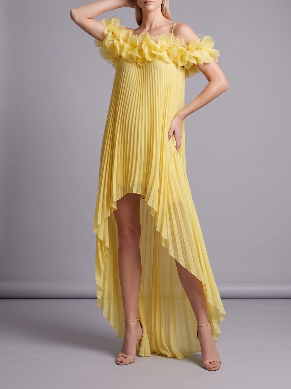 Mylie Yellow Spaghetti Flower Pleated Maxi Dress