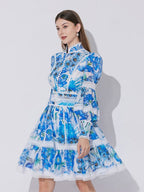 Sabrina Lace-Paneled Printed Lantern Sleeves Mini Dress In Blue Flowering Girl