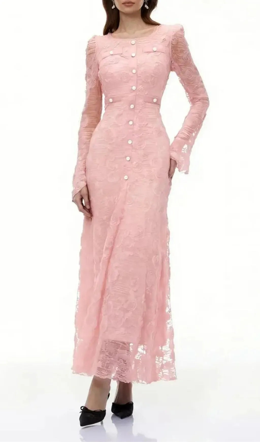 Tracy Pink 3D-Floral Embroidered Lace Maxi Dress Flowering Girl