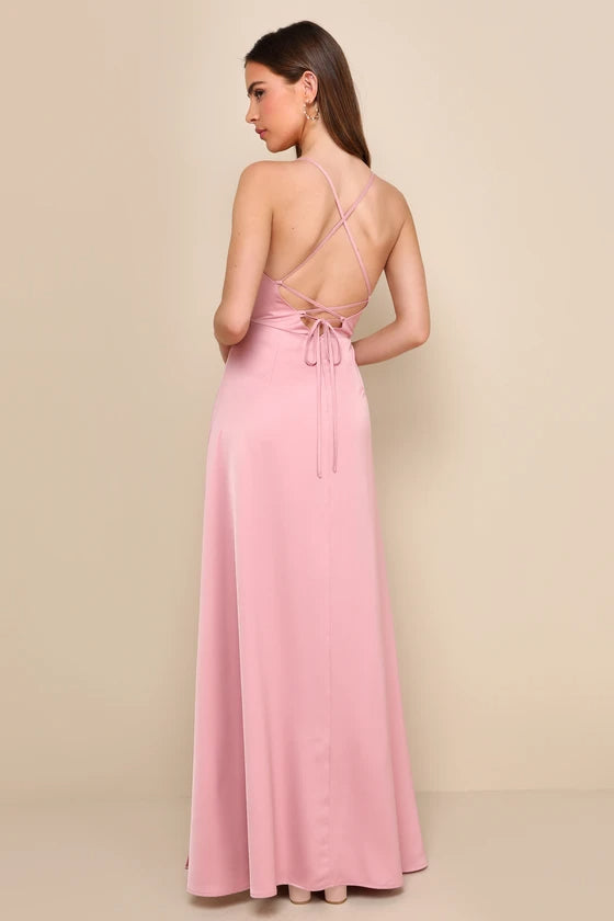 So Loving Pink Satin Pleated Lace-Up Backless Maxi Dress Flowering Girl