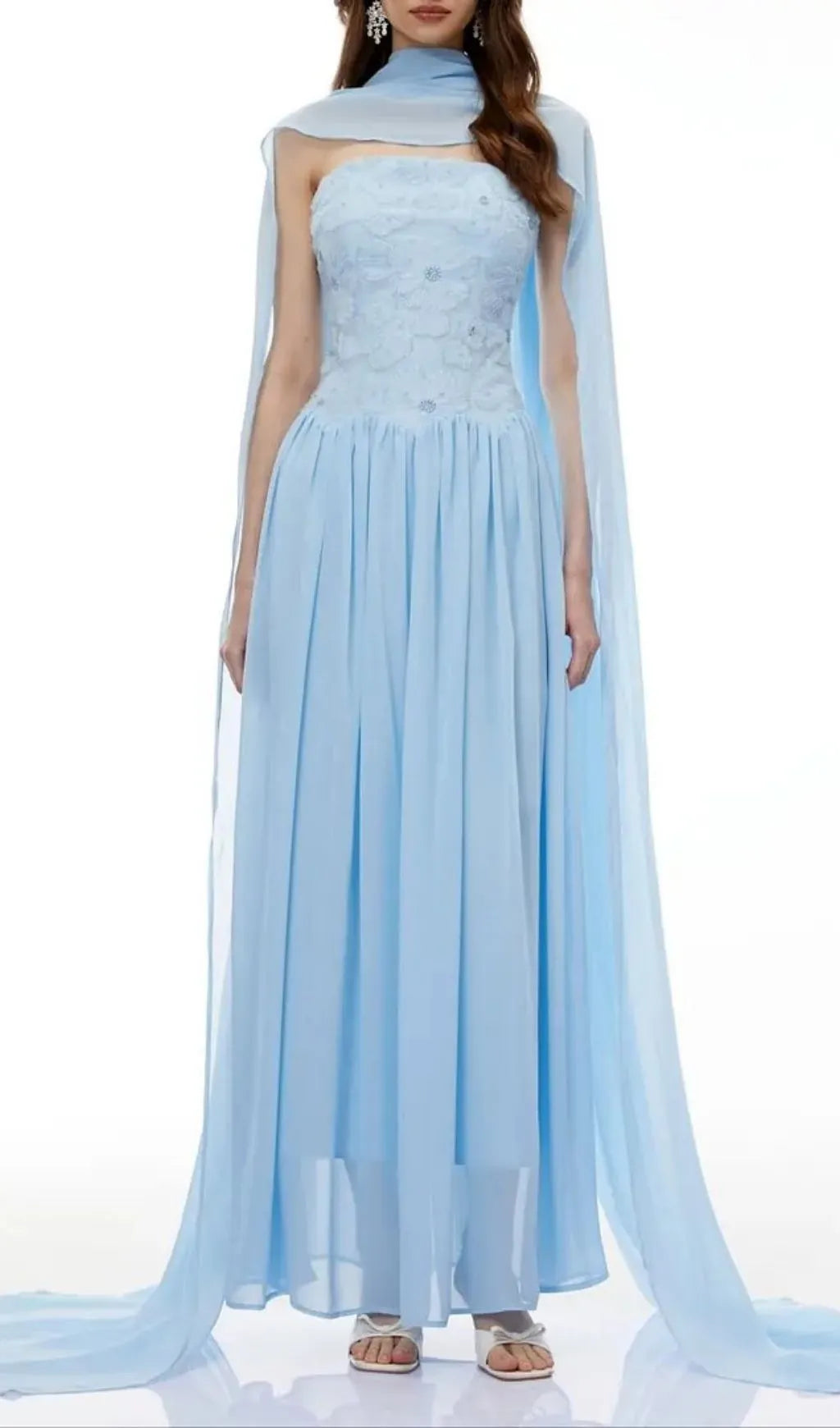 Rebecca Blue Floral Embroidered Pleated Maxi Dress Flowering Girl