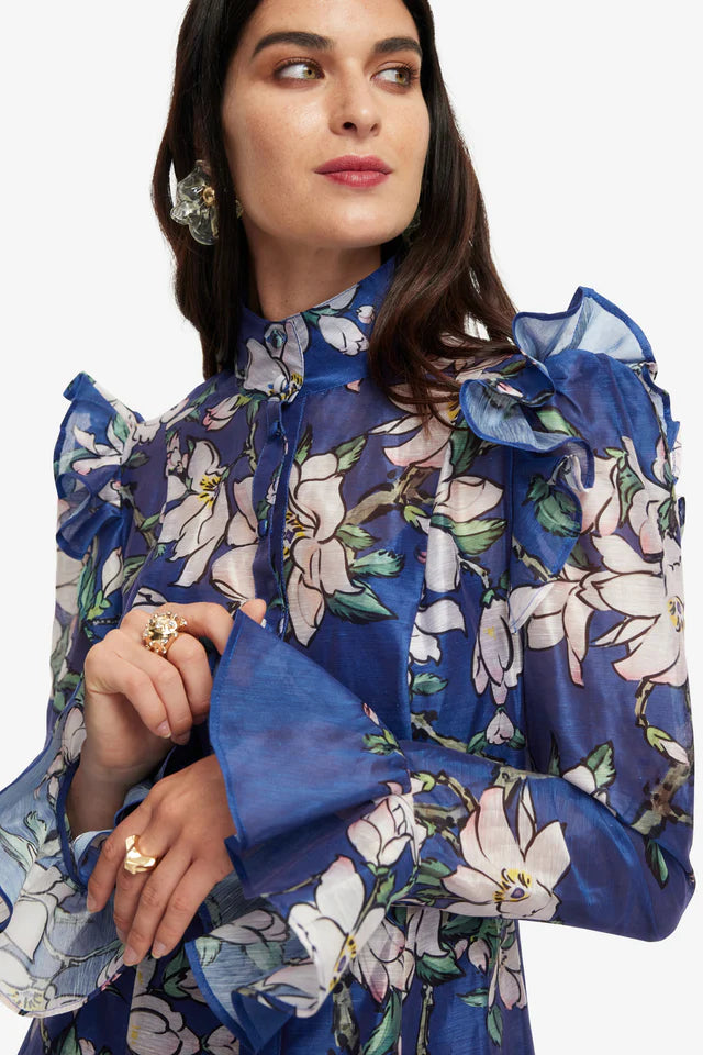 Floral Print Butterfly Sleeve Maxi Dress - Midnight Blue Flowering Girl