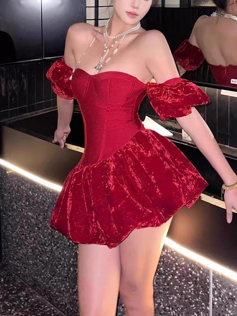 Eunice Red Sheath Bubble Sleeve Strapless Mini Dress Flowering Girl