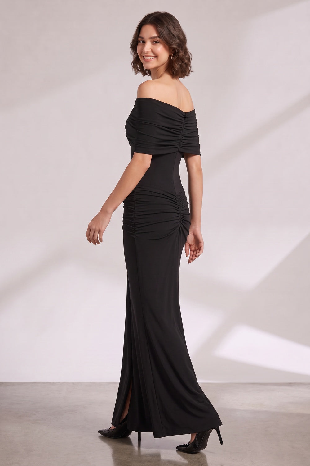 Off‑Shoulder Ruched Black Maxi Evening Gown Flowering Girl