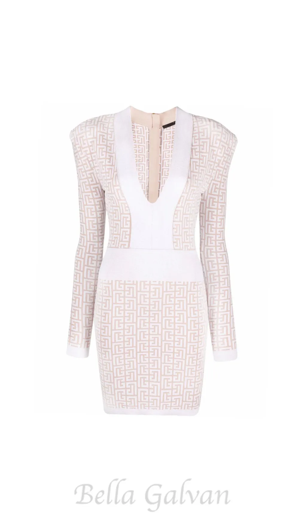 monogram-pattern long-sleeve dress in beige Flowering Girl