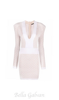 monogram-pattern long-sleeve dress in beige Flowering Girl