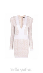 monogram-pattern long-sleeve dress in beige Flowering Girl