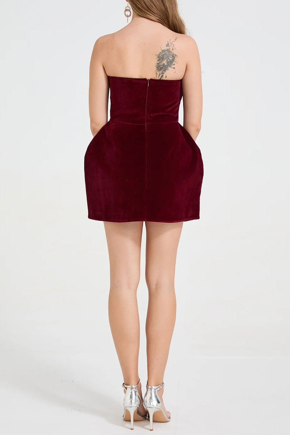 Evangeline Strapless Heart Velvet Mini Dress In Burgundy Flowering Girl