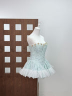 Irene Floral Print Strapless Tulle Mini Dress In Blue Flowering Girl