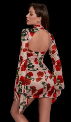Rose Print Cut Out Draped Mini Dress Flowering Girl