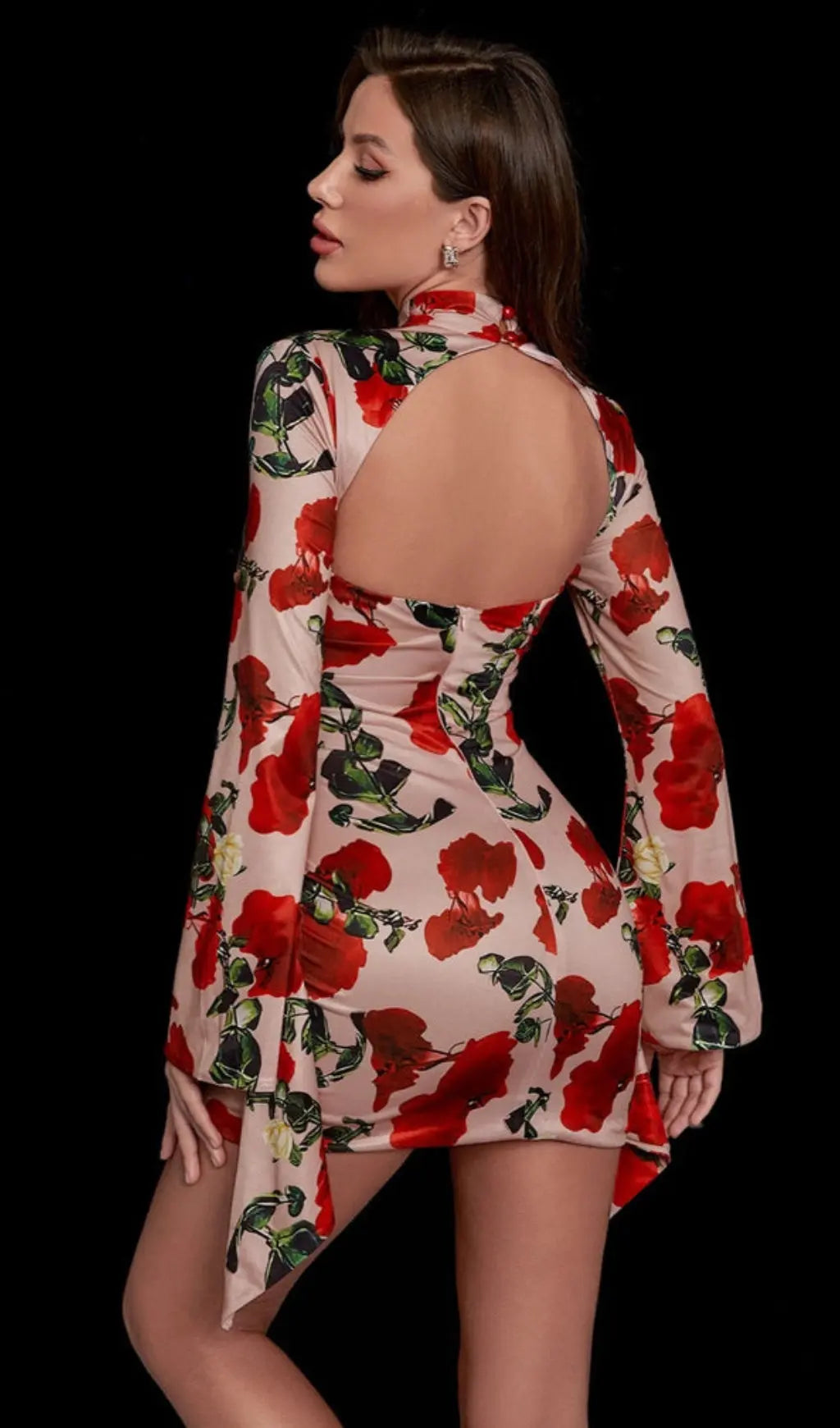Rose Print Cut Out Draped Mini Dress Flowering Girl