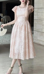Pearl Neck Puff Sleeve Flared Lace Midi Dress - Pink Flowering Girl