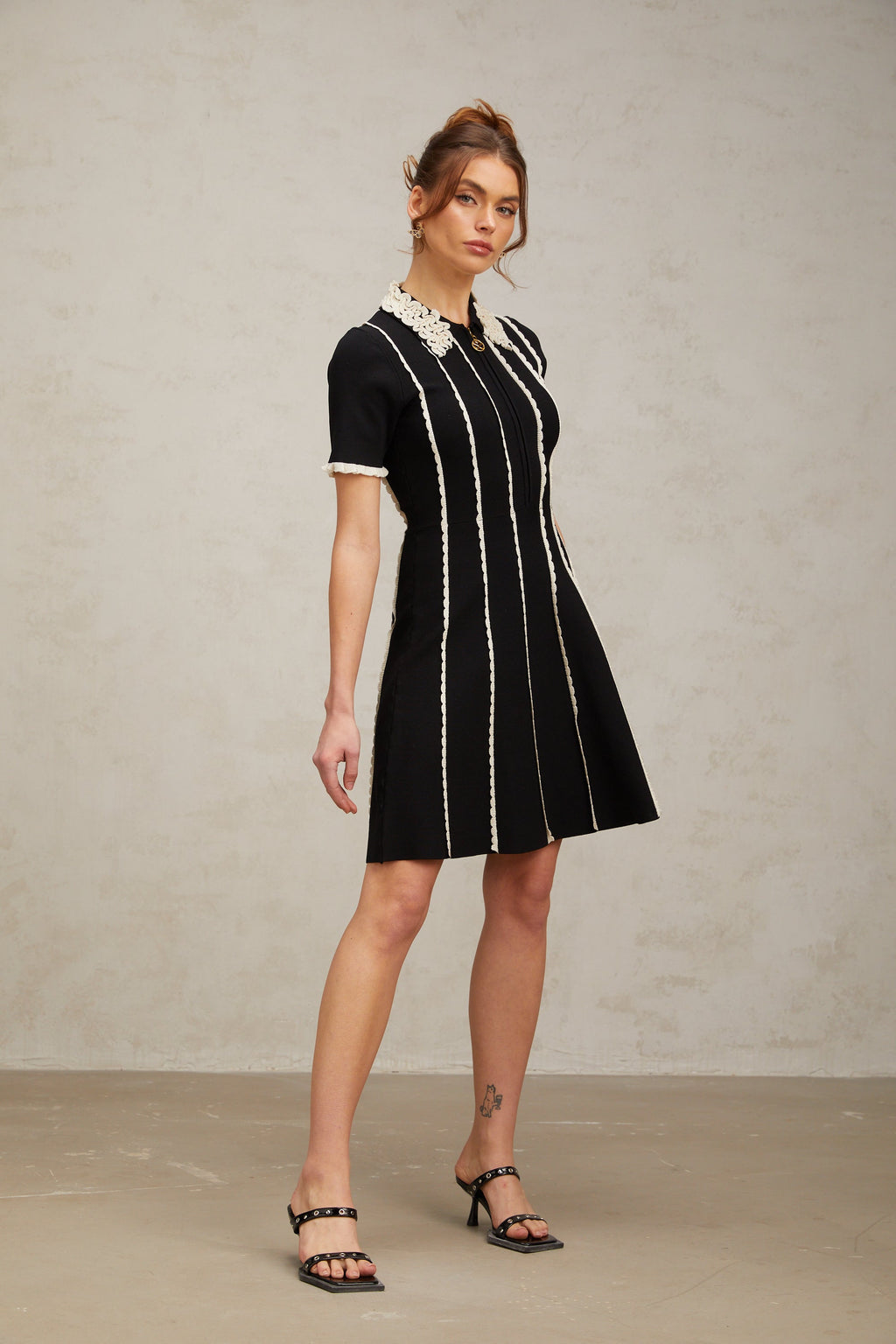 Zazie Black Vertical-Striped Ruffle-Trim Knit Mini Dress Flowering Girl