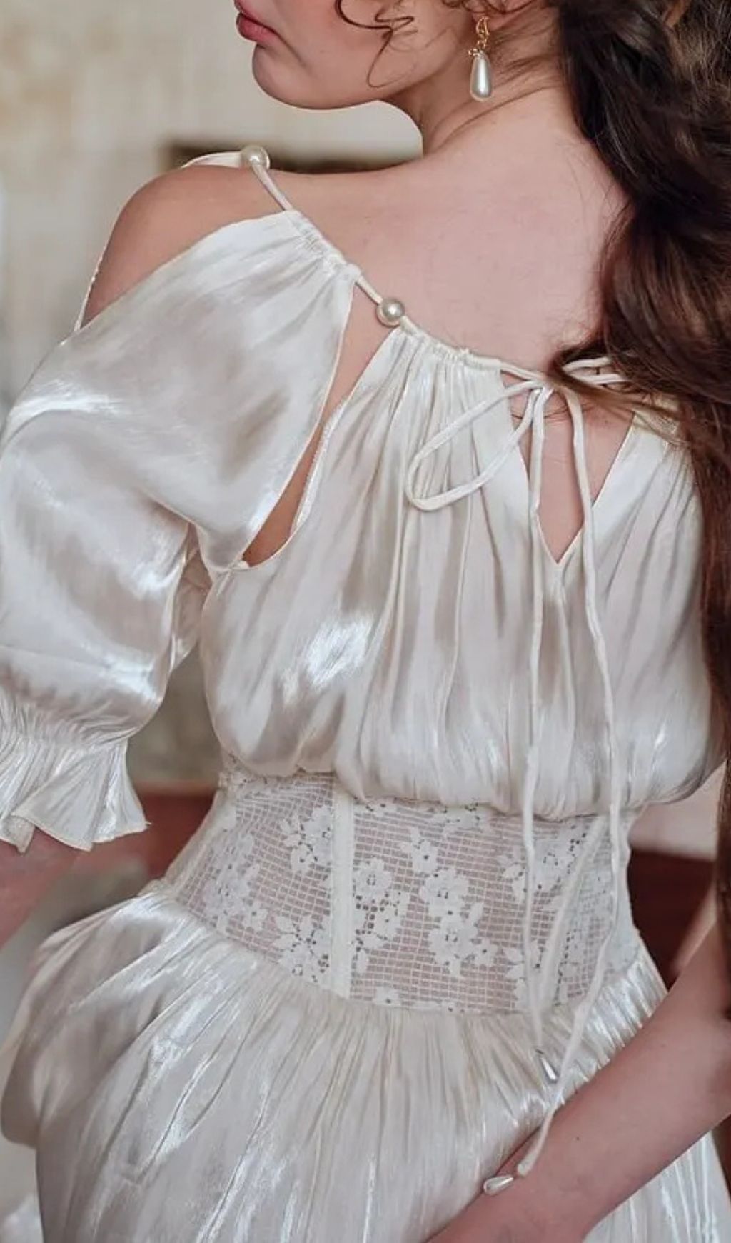 Square Neck Puff Sleeve Lace Satin Maxi Dress Flowering Girl