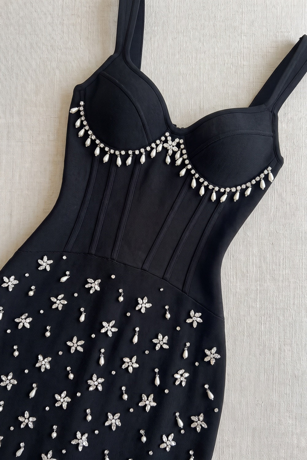 Black Sheath Midi Dress with Pearl and Crystal Fringe Flowering Girl