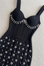 Black Sheath Midi Dress with Pearl and Crystal Fringe Flowering Girl