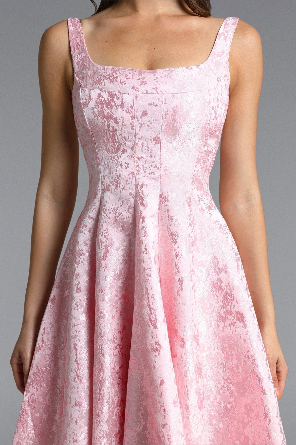 Lisbon Pink Square Neck Jacquard Satin Midi Dress Flowering Girl