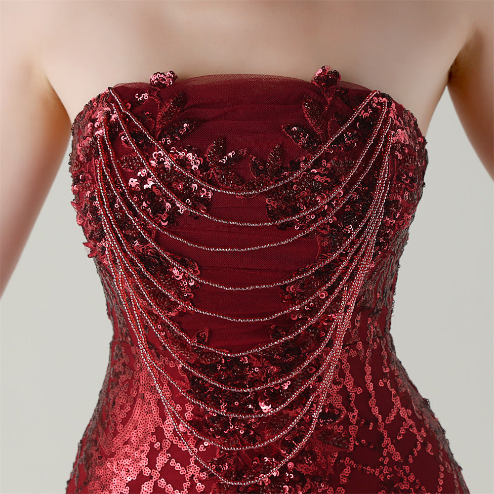 Ikuye Red Strapless Sequin Mesh Maxi Dress Flowering Girl