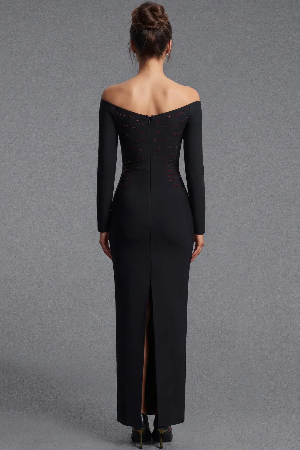 Black Heavy Stretch Crepe Column Gown with Rhinestone Heart Embellishment Flowering Girl