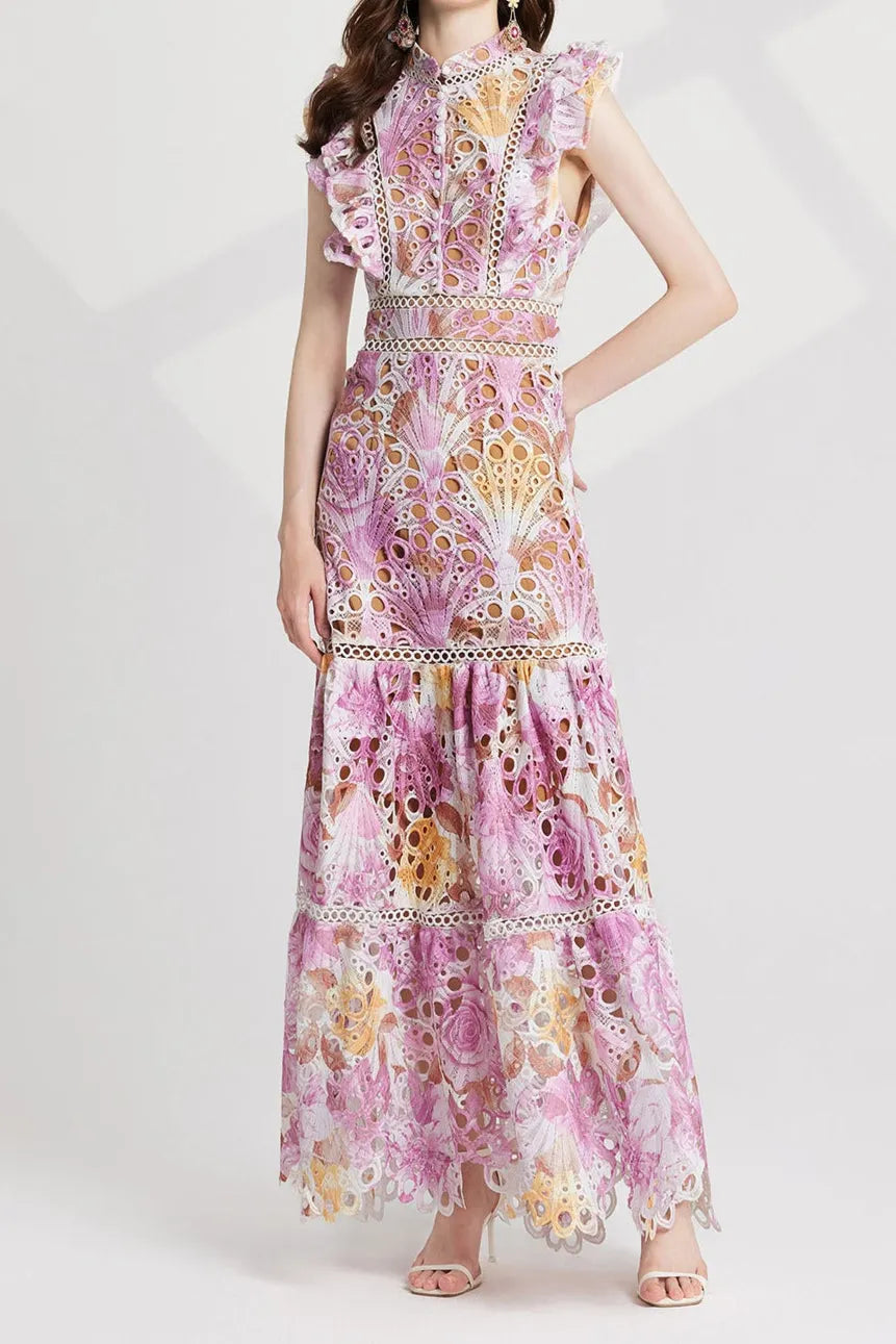 chloe hollow out flower embroidery maxi dress in pink purple Flowering Girl